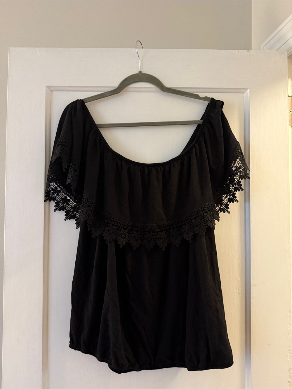 Paper + Tee Black Off-Shoulder Lace Trim Top